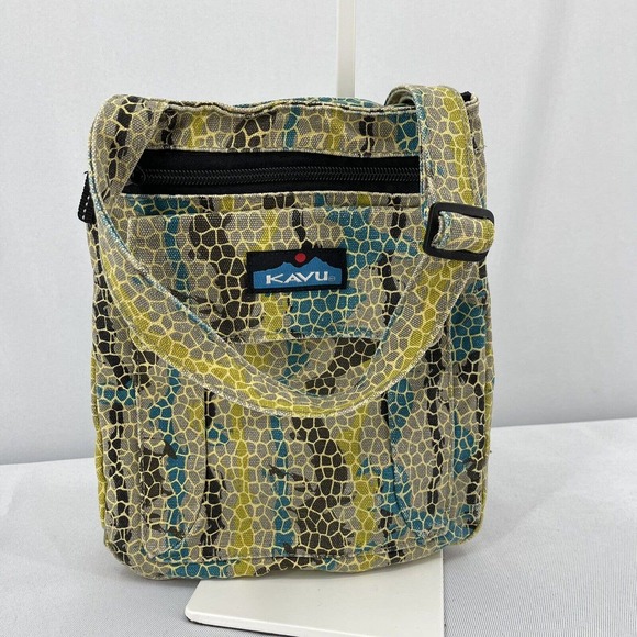 Kavu Canvas Crossbody Purse Snakeskin Pattern Teal Khaki Beige Black Small - Picture 1 of 6